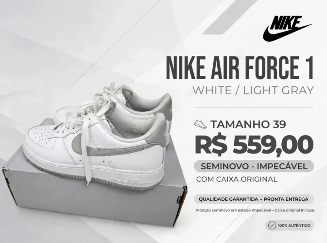 TÍTULO: Nike Air Force 1 White Light Gray Original - Tam 39 - Feminino/Unissex + Caixa