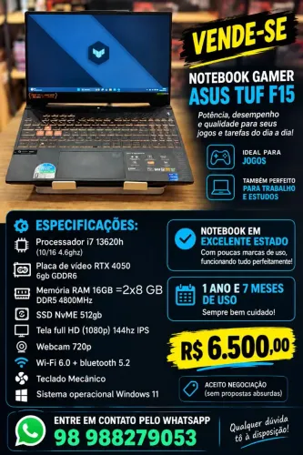 Notebook gamer Asus Tuf F15 RTX 4050 , 6 VRAM, i7 13620H , 16g RAM