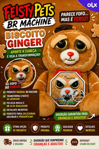 ? Feisty Pets BR Machine - Biscoito Ginger Original | Pelúcia que Muda de Expressão!