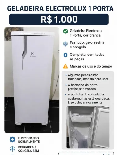 Geladeira Electrolux 1 Porta Branca - R$ 1.000