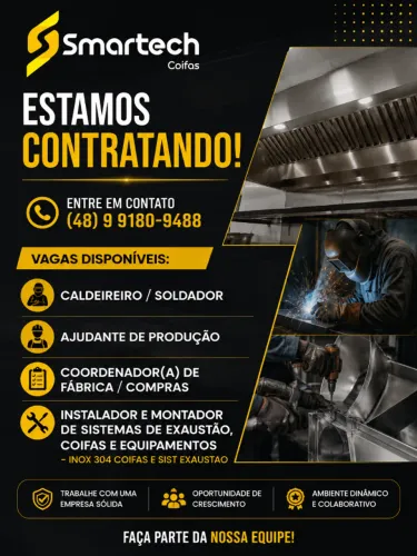 Vagas disponíveis: Caldeireiro / Soldador Ajudante de Produção Coordenador(a) de Fábri