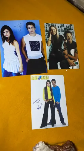 3 postais com autógrafo e mensagens - Sandy e Junior