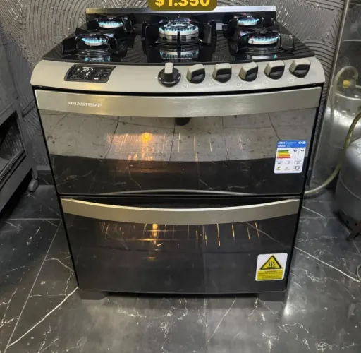 Fogão Brastemp 5 bocas com tampo de vidro 2 fornos chama tripla, grill