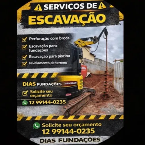 Terraplanagem, mini escavadeira, perfuração de brocas, escavadeira, fundações.