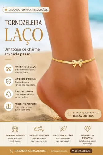 Tornozeleira Laço Banho Ouro 18K À Prova D'Água Ajustável Feminina