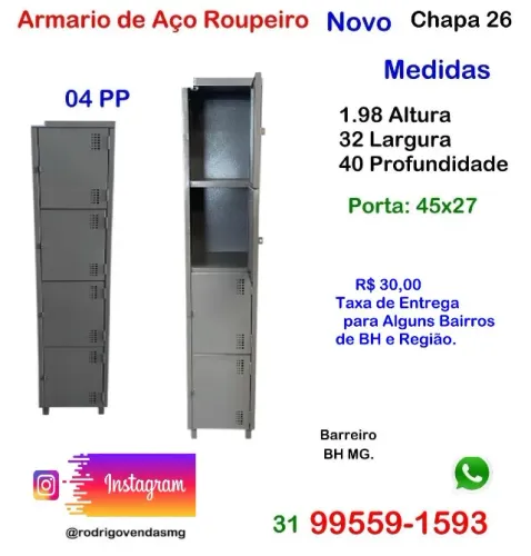 Armário Roupeiro de Aço 04 Portas comercio Empresa Vestiário Industria Escola casa Loja