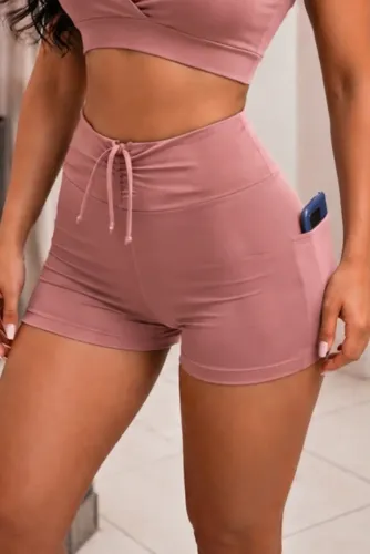 Short Fitness Feminino em Poliamida Com Bolsos Zero Transparência Rosê P
