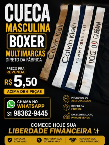Cuecas boxer multimarcas preço pra revenda mínimo 6 peças  