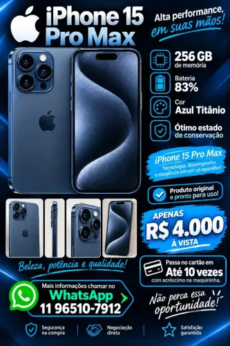 iPhone 15 pro Max 256 GB, Em perfeito estado. Ótima oportunidade
