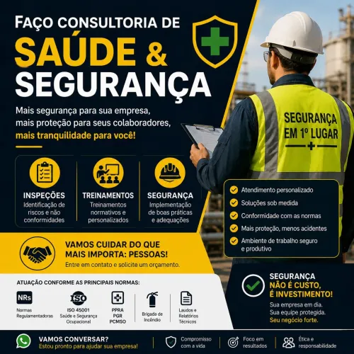Consultória, treinamentos, inspeçãoes e DDS.