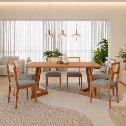 Mesa de Jantar Caju 180 (S/Vidro) Madeira/Off White com 6 Cadeiras
