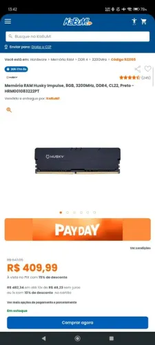 Vendo memória Ram Huski impulse 8gb nova na caixa