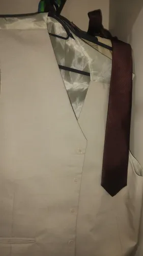 Vendo um colete bege e uma gravata marrom