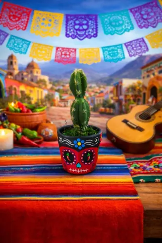 Vaso caveira mexicana com cacto artificial 