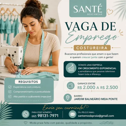 Vaga de Emprego Costureira moda praia