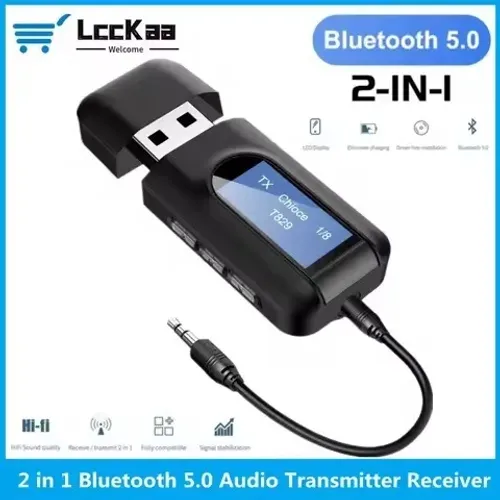 Transmissor e Receptor de Áudio Bluetooth 5.0 USB com Display LCD Estéreo AUX RCA 3.5MM 
