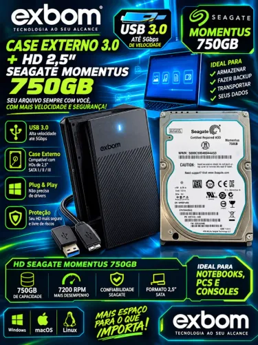 Case Externo EXBOM 3.0 + HD 2,5"  SEAGATE MOMENTUS 750GB