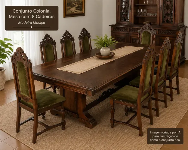 Mesa de Jantar Colonial em Madeira Maciça com 8 Cadeiras
