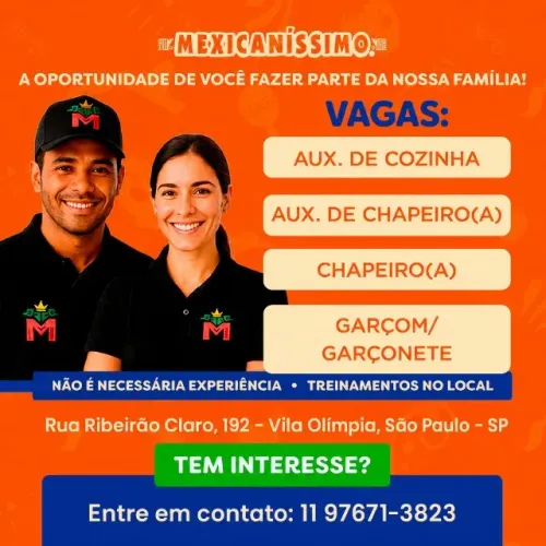 Vagas para Auxiliar de cozinha / garçom / garçonete / chapeiro