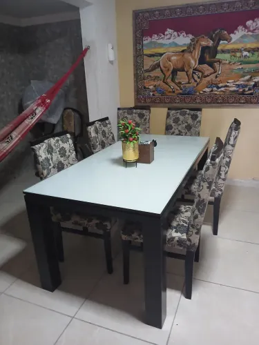 Mesa de madeira com vidro 6 cadeiras