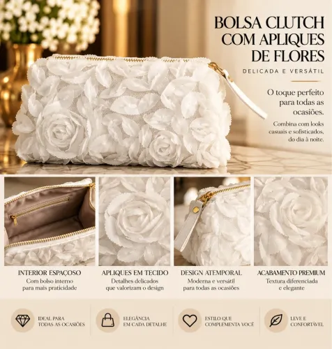 Bolsa diferenciada em tecido branca com aplique formando flores 