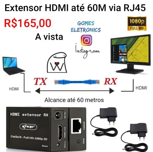 Extensor HDMI por cabo de rede cat5 e cat6 ate 60M - câmeras, filmadoras (Loja Fisica)