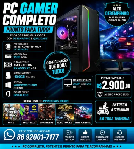 ? PC Gamer Completo BARATO + Monitor | Roda Tudo | 16GB + RX 6500 XT ?
