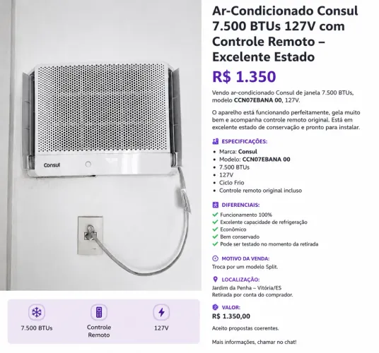 Ar-Condicionado Consul 7.500 BTUs 127V com Controle Remoto - Excelente Estado | R$ 1.350