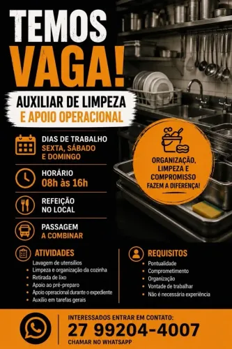 Vaga Auxiliar de limpeza e apoio operacional