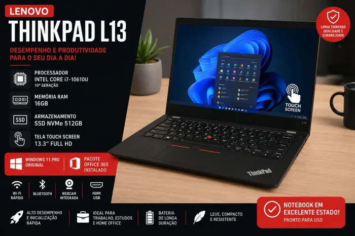 Notebook Lenovo ThinkPad L13 i7 10ª Geração | 16GB RAM | SSD NVMe 512GB | Touch Screen