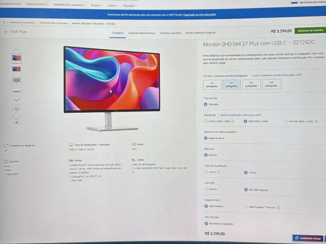 Monitor QHD Dell 27 Plus com USB-C