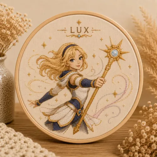 Quadro bordado Lux em bastidor League Of Legends 20cm.