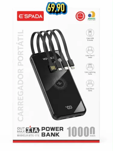 Carregador portátil 10000mAh indução + 4 cabos