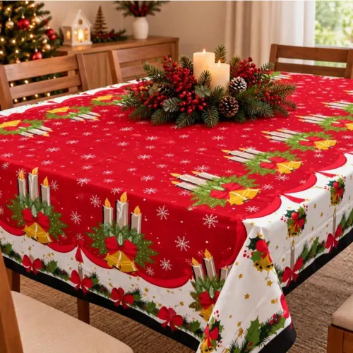 Toalha de Mesa Oxford Festiva Natalina Natal Papai Noel  para 4 e 6 Lugares