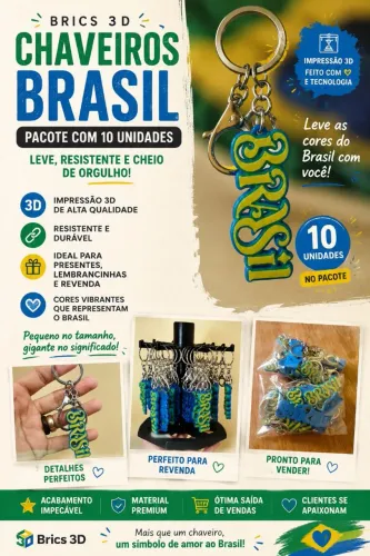Kit 10 unid. Chaveiros Brasil - verde, azul e amarelo -