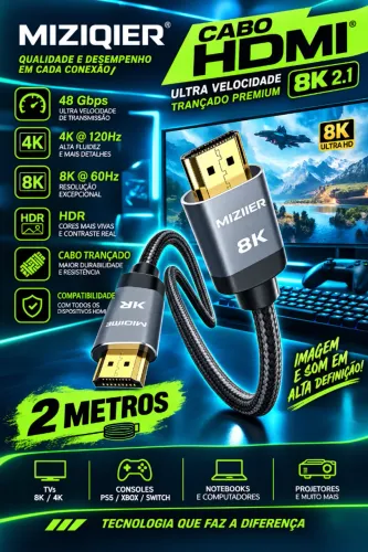 Cabo HDMI MIZIQIER 02 Metros, Cor Cinza 8K 2.1 Trançado de Ultra Velocidade