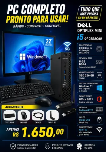 Pc optiplex mini 3050 i5 6 th SSD 256 GB Windows 11 tv de 22 polegadas 