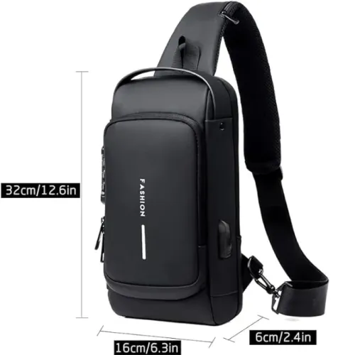 Bolsa Mochila Masculina Cadeado Cabo USB Anti Furto Tiracolo Pochete Transversal