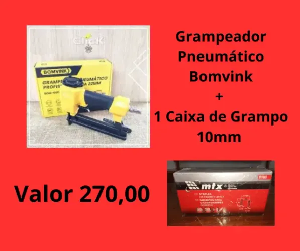 Grampeador Pneumático Bomvink + 1 Caixa de Grampo 10mm