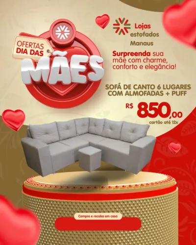 Sofá de Canto 6 Lugares com Almofadas + Puff - Promoção Dia das Mães
