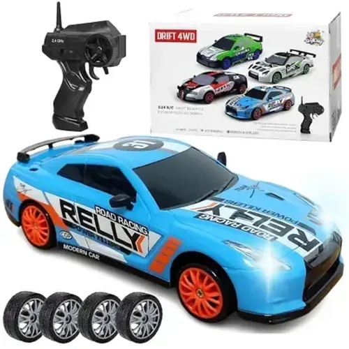 Carrinho 4x4 Super Drift Recarregável Rodas Extras Veloz com Farol GTR Azul