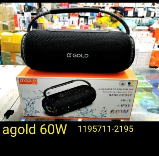 Caixa de Som Bluetooth A'Gold 60w Sem Fio Pro Ipx6 Graves Bass Boost Cor Preto