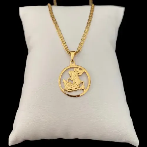 Corrente Cordão Masculino Virtu [DIAMANTADO]  Pingente São Jorge Banhados a Ouro 18k