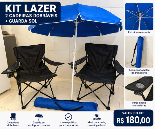 Kit Praia - 2 Cadeiras Dobráveis + Guarda-Sol Azul