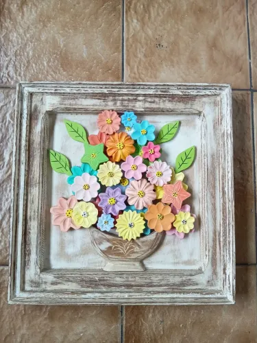 Quadro Decorativo Flores em Relevo - Madeira Rústica 50x50cm
