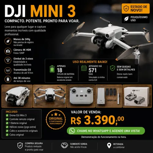 DJI Mini 3 Estado de Novo | 18 Ciclos | Sem Quedas | Caixa Original