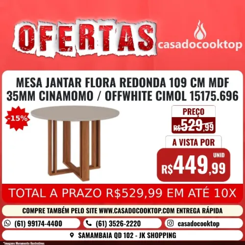 MESA JANTAR FLORA REDONDA 109 CM - MDF 35MM CINAMOMO/OFFWHITE CIMOL 15175.696