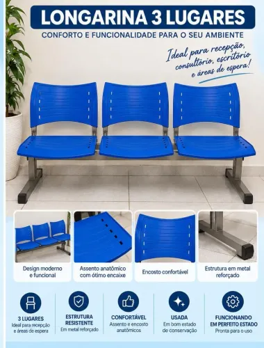Longarina 3 Lugares Azul - Recepção, Clínica ou Escritório perfeito estado