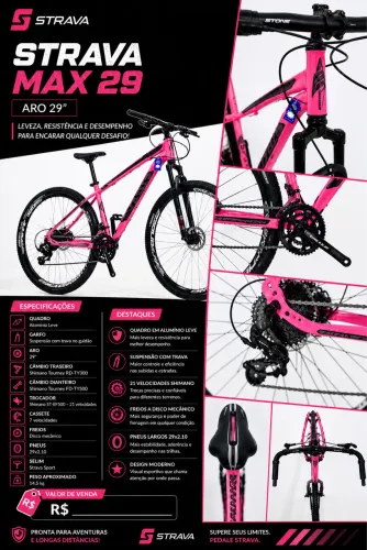 Bicicleta Mountain Bike Strava Max 29 Aro 29 | Shimano 21V | Suspensão com Trava | Nova