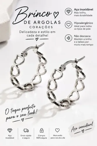 Brinco argola de  coração aço inoxidável 